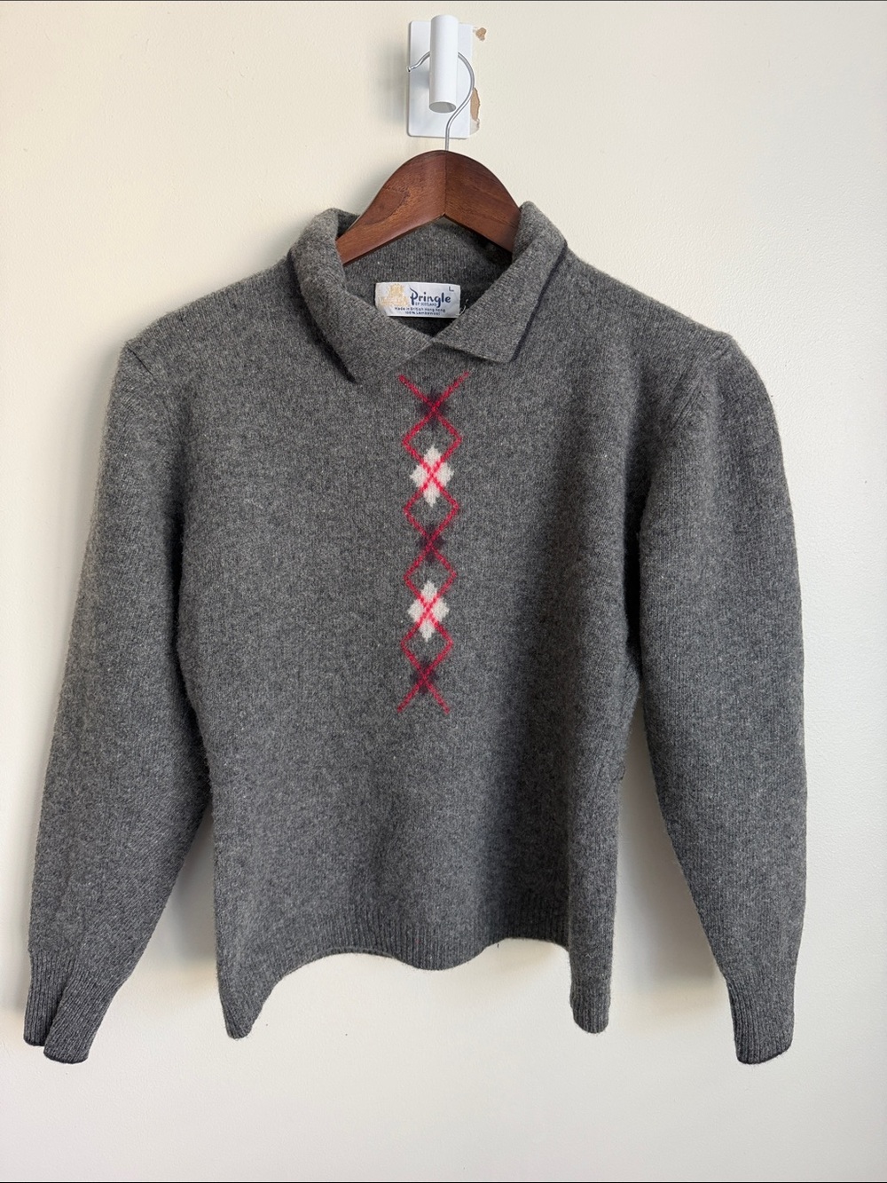 Pringle Gray Wool Crewneck Sweater with Red & White Argyle - VINTAGE / Lambswool